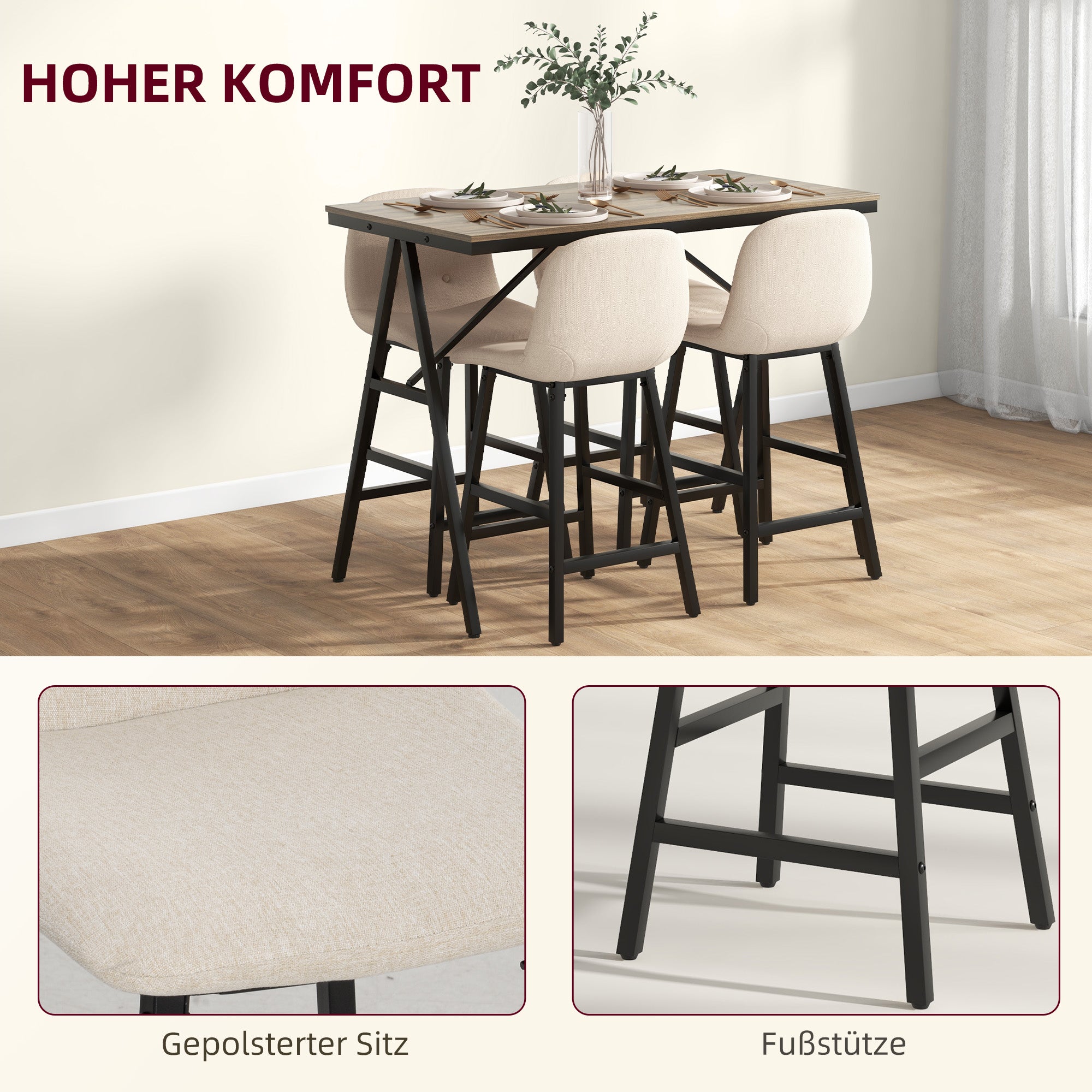 Bar Table with Bar Stool Set, 5-Piece Dining Group, Kitchen Table, Bistro Table with 4 Chairs, Bar Table Set for Kitchen, Living Room, Steel, Beige, 120 x 60 x 91 cm