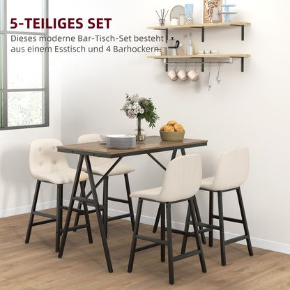 Bar Table with Bar Stool Set, 5-Piece Dining Group, Kitchen Table, Bistro Table with 4 Chairs, Bar Table Set for Kitchen, Living Room, Steel, Beige, 120 x 60 x 91 cm