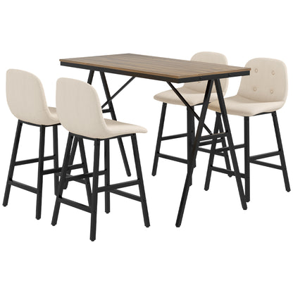 Bar Table with Bar Stool Set, 5-Piece Dining Group, Kitchen Table, Bistro Table with 4 Chairs, Bar Table Set for Kitchen, Living Room, Steel, Beige, 120 x 60 x 91 cm