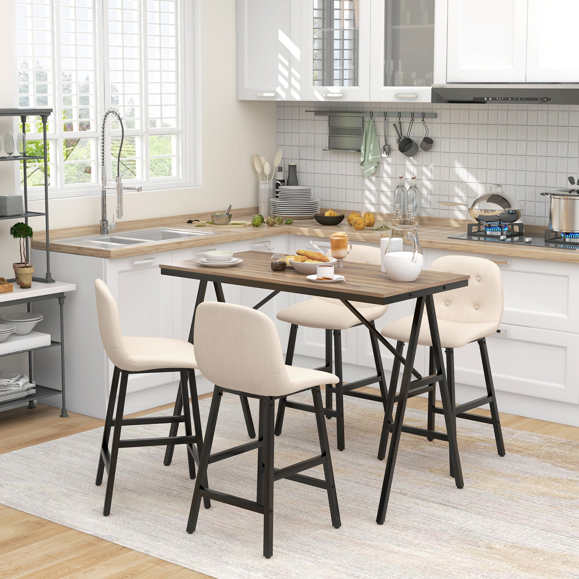 Bar Table with Bar Stool Set, 5-Piece Dining Group, Kitchen Table, Bistro Table with 4 Chairs, Bar Table Set for Kitchen, Living Room, Steel, Beige, 120 x 60 x 91 cm