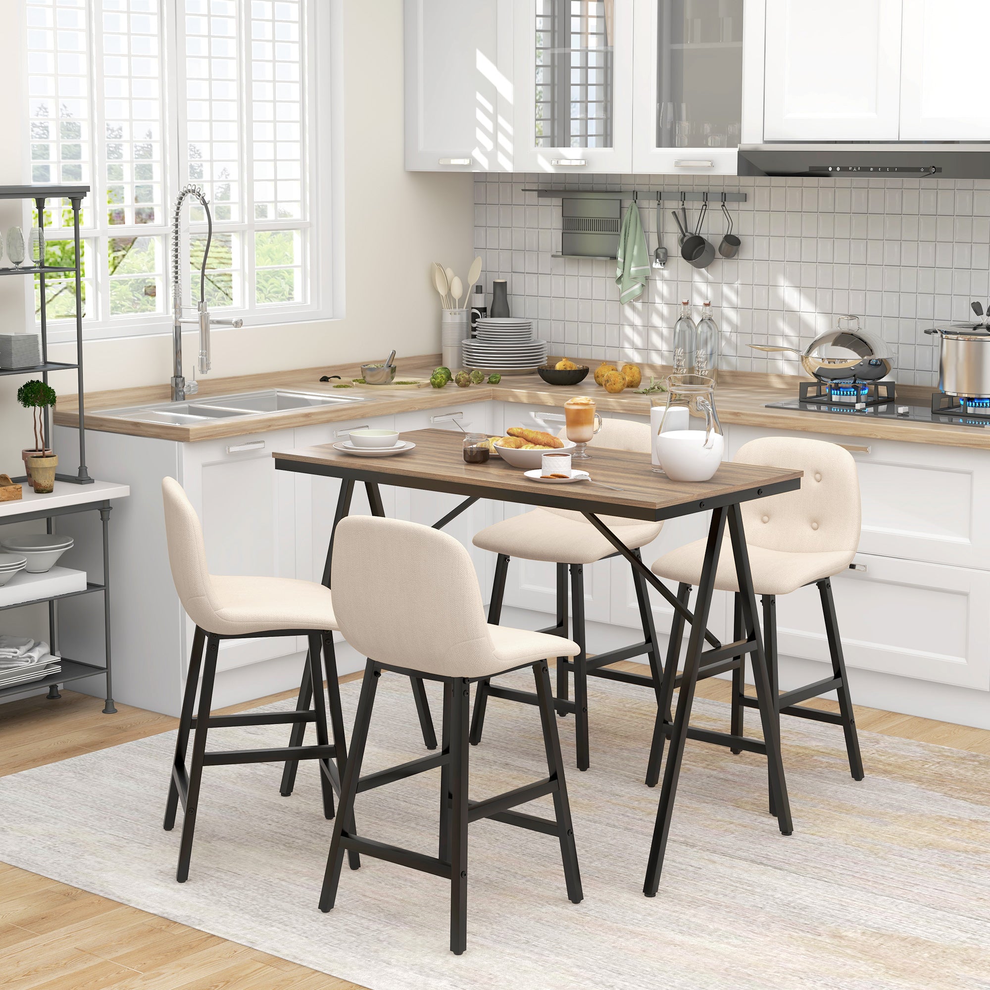 Bar Table with Bar Stool Set, 5-Piece Dining Group, Kitchen Table, Bistro Table with 4 Chairs, Bar Table Set for Kitchen, Living Room, Steel, Beige, 120 x 60 x 91 cm