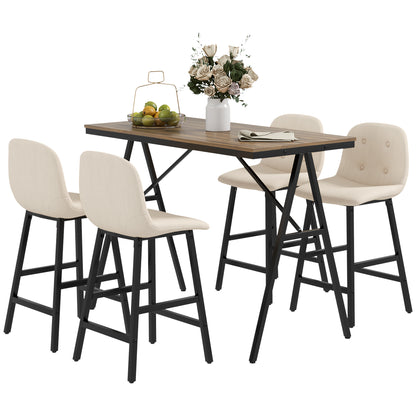 Bar Table with Bar Stool Set, 5-Piece Dining Group, Kitchen Table, Bistro Table with 4 Chairs, Bar Table Set for Kitchen, Living Room, Steel, Beige, 120 x 60 x 91 cm