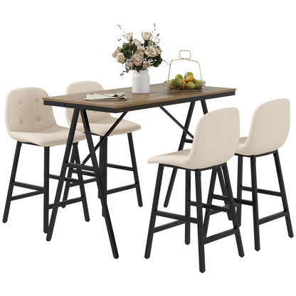 Bar Table with Bar Stool Set, 5-Piece Dining Group, Kitchen Table, Bistro Table with 4 Chairs, Bar Table Set for Kitchen, Living Room, Steel, Beige, 120 x 60 x 91 cm