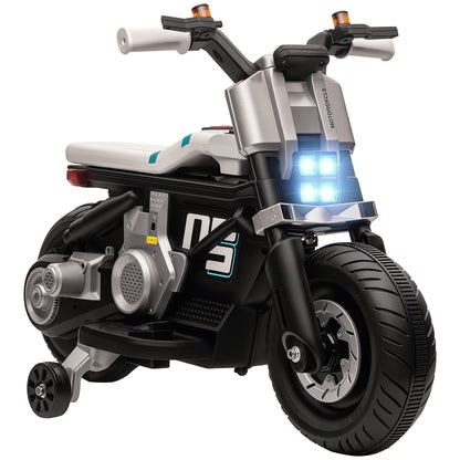 Kids Electric Motorcycle 6V Battery-Powered Motorcycle with Headlights Music Horn 3 km/h Speed Forward Reverse and Training Wheels for Kids 3-5 Years Old Load 25 kg 86x44x58 cm Black and White