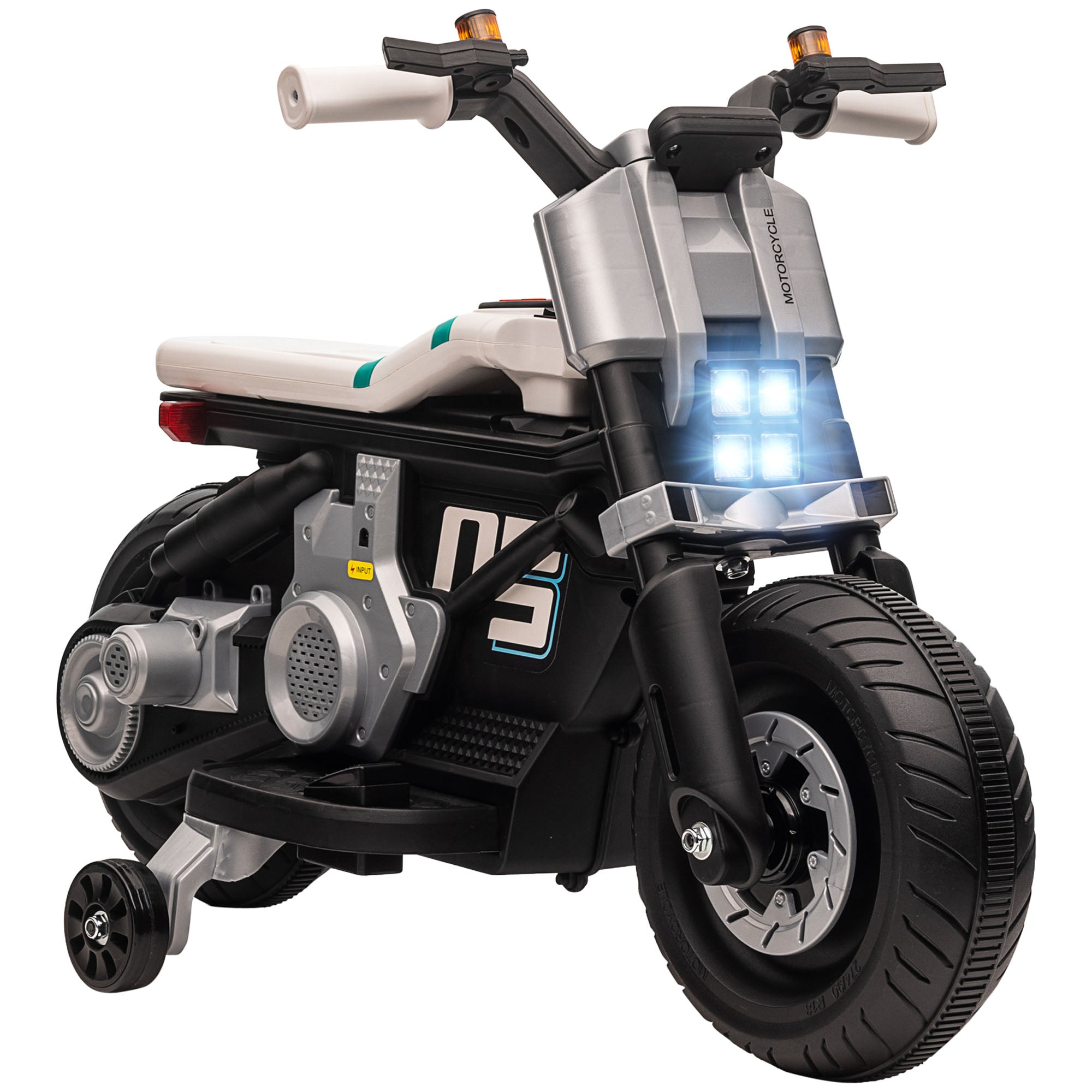 Kids Electric Motorcycle 6V Battery-Powered Motorcycle with Headlights Music Horn 3 km/h Speed Forward Reverse and Training Wheels for Kids 3-5 Years Old Load 25 kg 86x44x58 cm Black and White