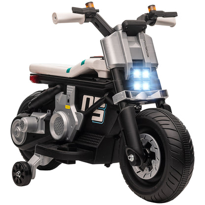 Kids Electric Motorcycle 6V Battery-Powered Motorcycle with Headlights Music Horn 3 km/h Speed Forward Reverse and Training Wheels for Kids 3-5 Years Old Load 25 kg 86x44x58 cm Black and White