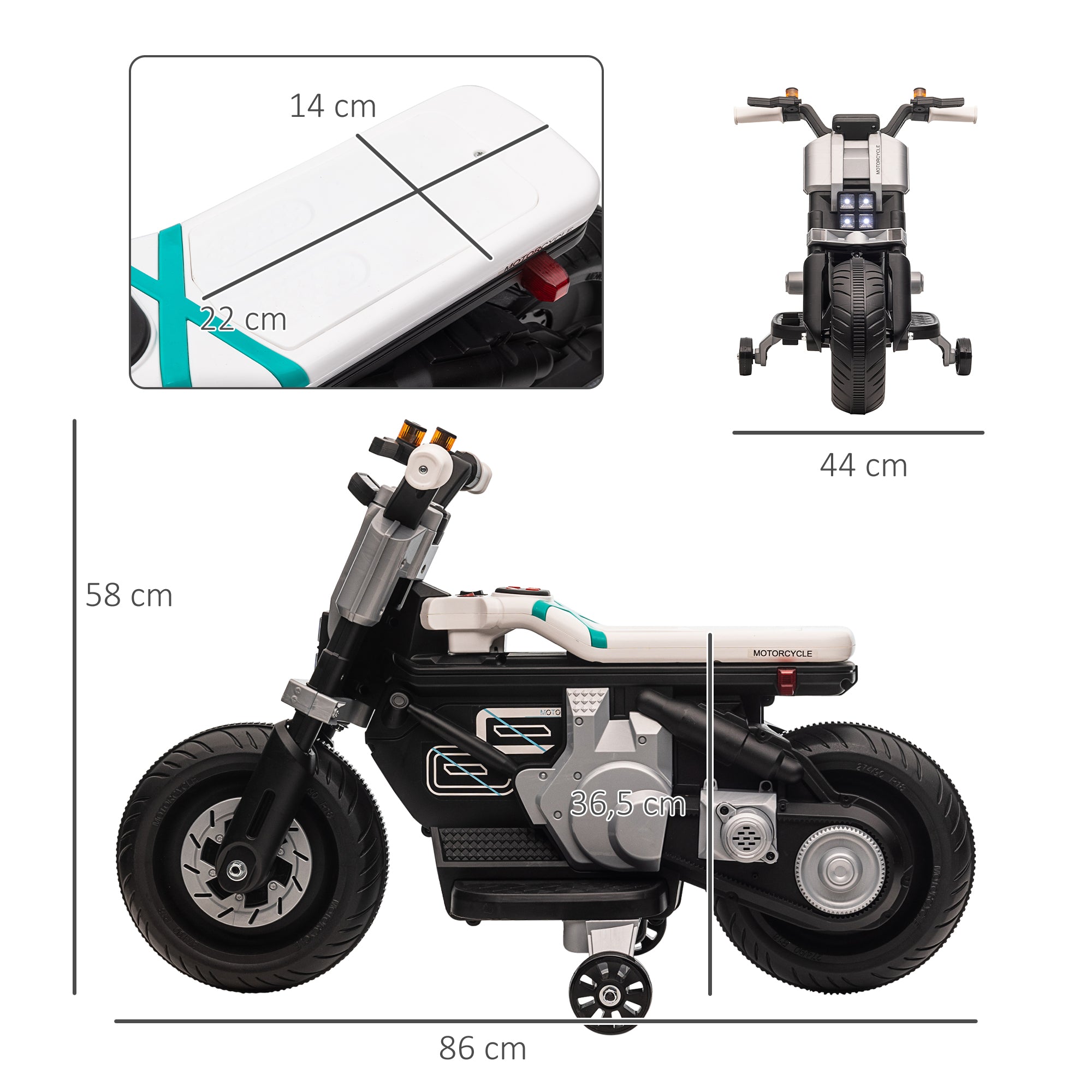 Kids Electric Motorcycle 6V Battery-Powered Motorcycle with Headlights Music Horn 3 km/h Speed Forward Reverse and Training Wheels for Kids 3-5 Years Old Load 25 kg 86x44x58 cm Black and White