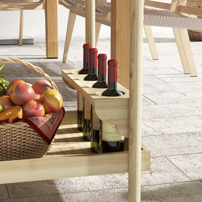 Garden Trolley Cart for Plancha BBQ in Natural Wood with Handle, 2 Trays, and Wine Bottle Holder dim. 78L x 58.5W x 75H cm