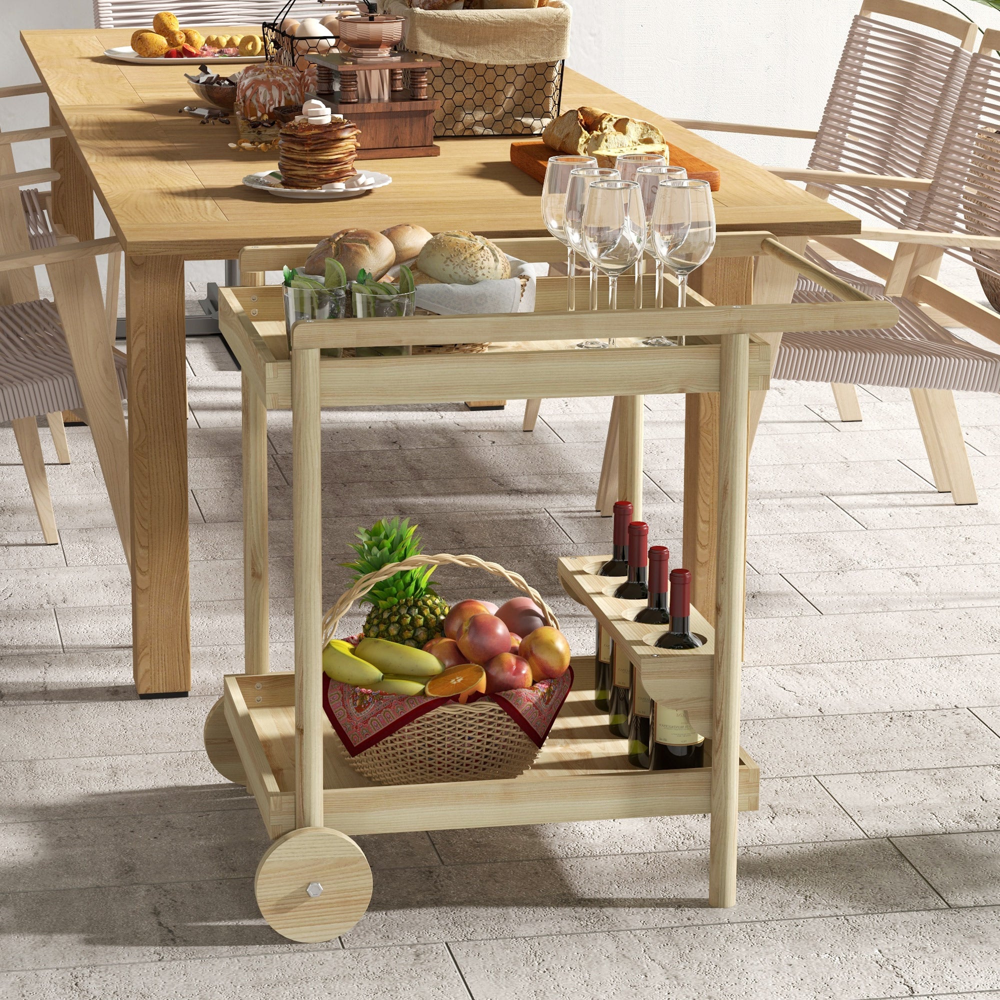 Garden Trolley Cart for Plancha BBQ in Natural Wood with Handle, 2 Trays, and Wine Bottle Holder dim. 78L x 58.5W x 75H cm