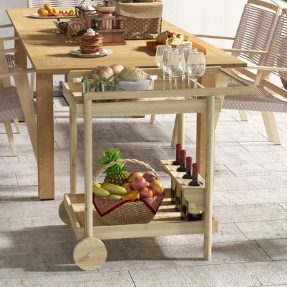 Garden Trolley Cart for Plancha BBQ in Natural Wood with Handle, 2 Trays, and Wine Bottle Holder dim. 78L x 58.5W x 75H cm
