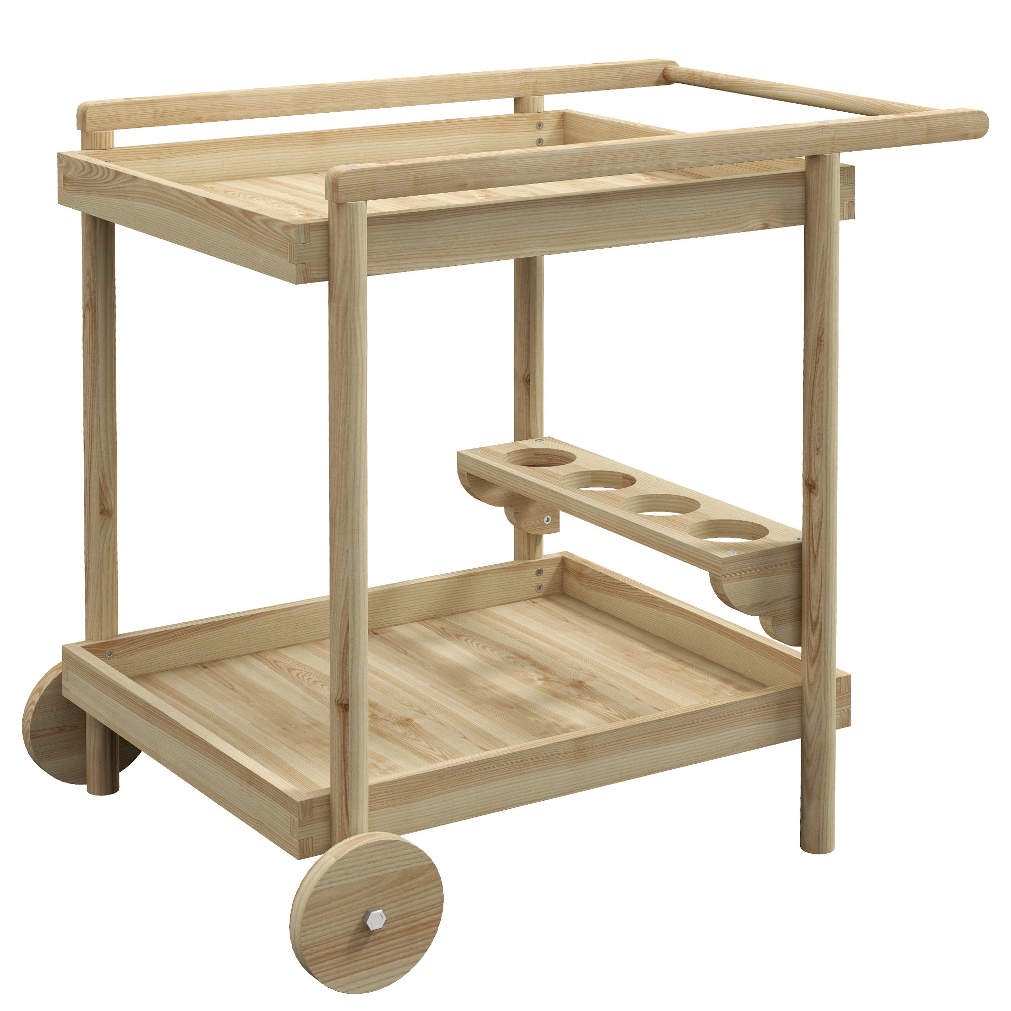 Garden Trolley Cart for Plancha BBQ in Natural Wood with Handle, 2 Trays, and Wine Bottle Holder dim. 78L x 58.5W x 75H cm