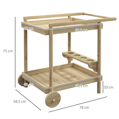 Garden Trolley Cart for Plancha BBQ in Natural Wood with Handle, 2 Trays, and Wine Bottle Holder dim. 78L x 58.5W x 75H cm