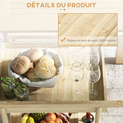 Garden Trolley Cart for Plancha BBQ in Natural Wood with Handle, 2 Trays, and Wine Bottle Holder dim. 78L x 58.5W x 75H cm