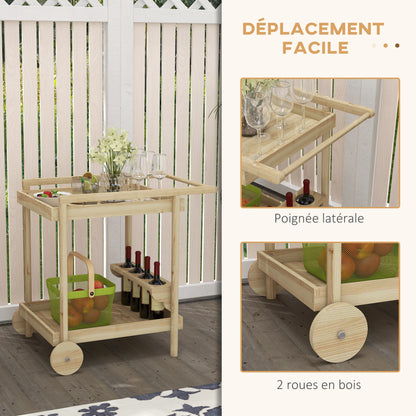 Garden Trolley Cart for Plancha BBQ in Natural Wood with Handle, 2 Trays, and Wine Bottle Holder dim. 78L x 58.5W x 75H cm