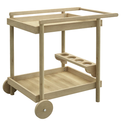 Garden Trolley Cart for Plancha BBQ in Natural Wood with Handle, 2 Trays, and Wine Bottle Holder dim. 78L x 58.5W x 75H cm