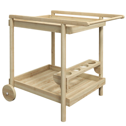 Garden Trolley Cart for Plancha BBQ in Natural Wood with Handle, 2 Trays, and Wine Bottle Holder dim. 78L x 58.5W x 75H cm