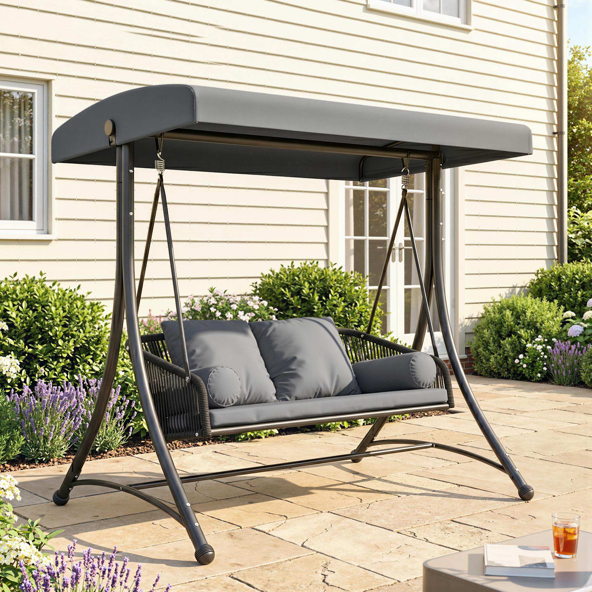 Rattan Hollywood Swing — 2-Seater Patio Bench with Adjustable Canopy & Cushions, A-Frame, Supports 529 lb, 70.1 x 47.2 x 67.7 in (Dark Gray)