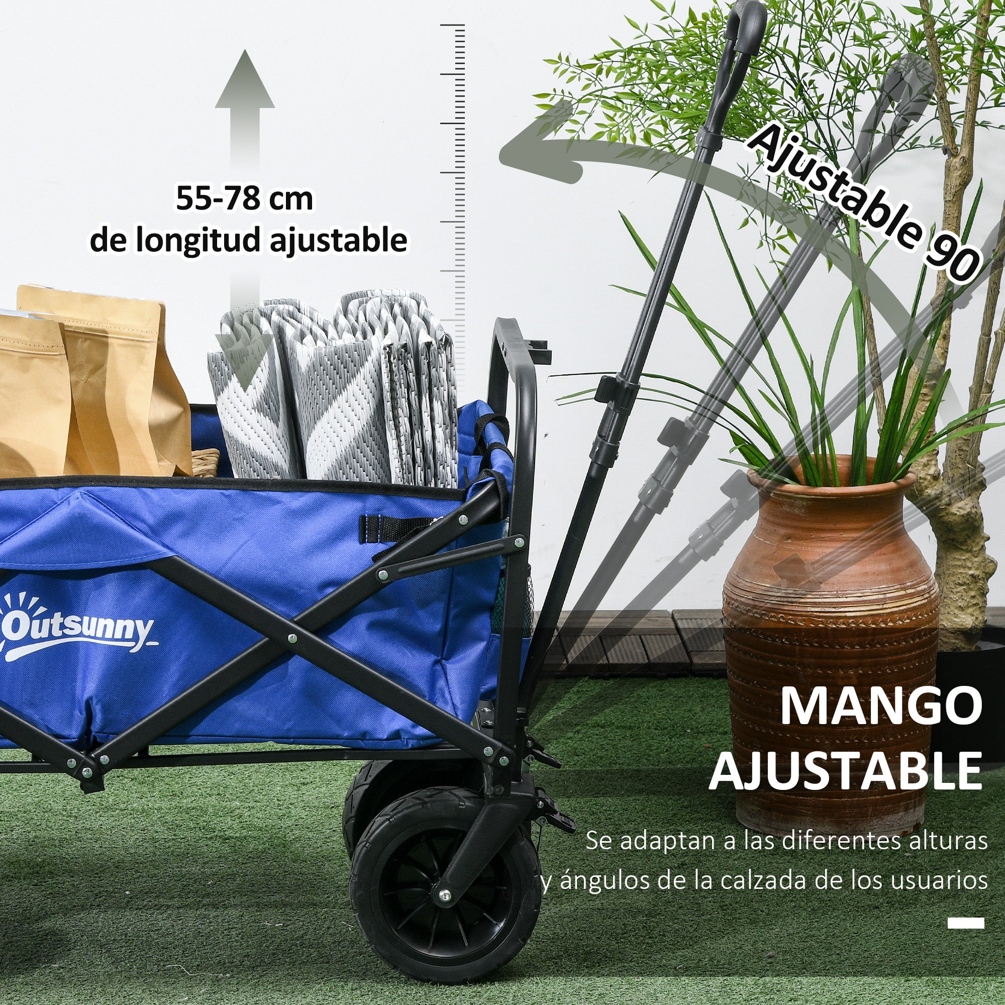 Garden Cart Folding Beach Cart with Adjustable Handle Length and Angle Back Door and Transport Bag Load 100 kg for Shopping Dark Blue
