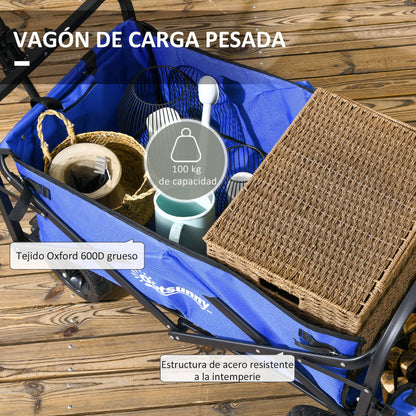 Garden Cart Folding Beach Cart with Adjustable Handle Length and Angle Back Door and Transport Bag Load 100 kg for Shopping Dark Blue