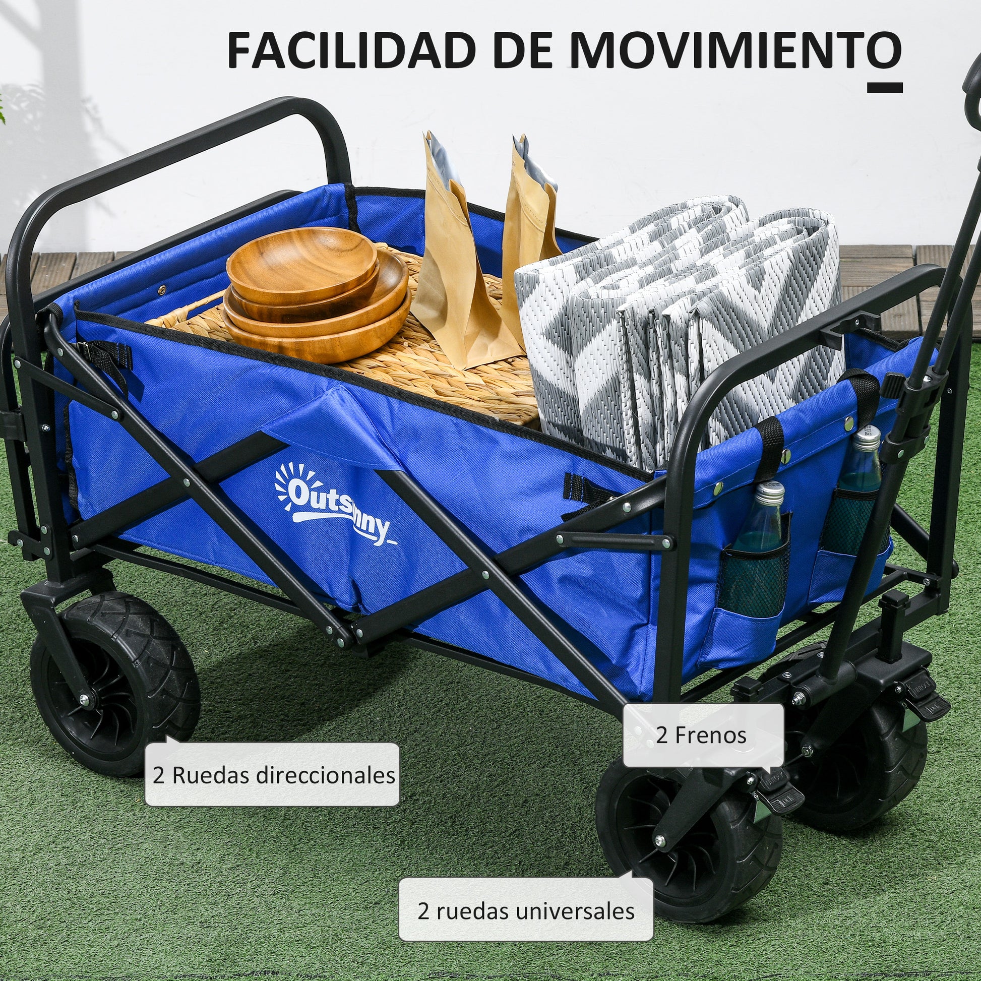 Garden Cart Folding Beach Cart with Adjustable Handle Length and Angle Back Door and Transport Bag Load 100 kg for Shopping Dark Blue