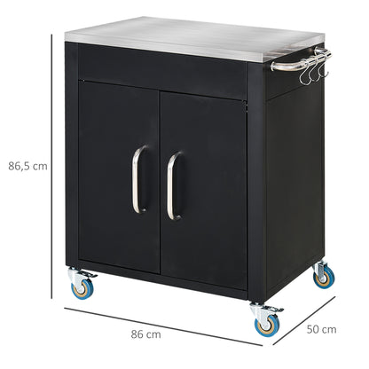 Kitchen Cart with Wheels, Serving Cart, Rolling Cart with Cabinet, Hooks, and Stainless Steel Handles, Kitchen Helper, BBQ Stainless Steel Grill Table Kitchen Trolley, 86 x 50 x 86.5 cm Black