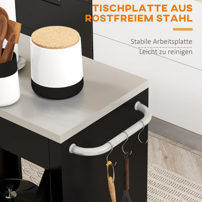 Kitchen Cart with Wheels, Serving Cart, Rolling Cart with Cabinet, Hooks, and Stainless Steel Handles, Kitchen Helper, BBQ Stainless Steel Grill Table Kitchen Trolley, 86 x 50 x 86.5 cm Black