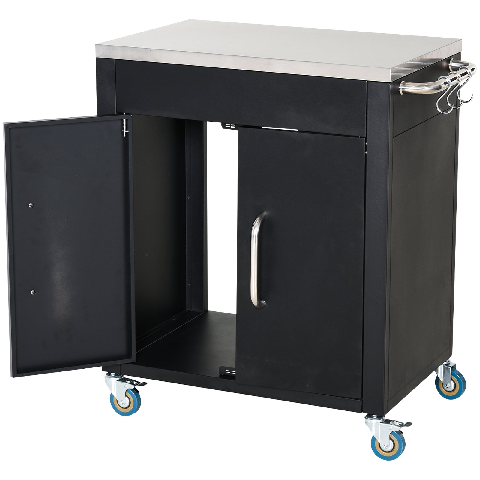 Kitchen Cart with Wheels, Serving Cart, Rolling Cart with Cabinet, Hooks, and Stainless Steel Handles, Kitchen Helper, BBQ Stainless Steel Grill Table Kitchen Trolley, 86 x 50 x 86.5 cm Black