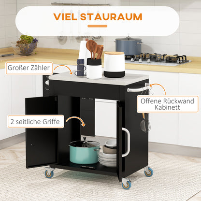 Kitchen Cart with Wheels, Serving Cart, Rolling Cart with Cabinet, Hooks, and Stainless Steel Handles, Kitchen Helper, BBQ Stainless Steel Grill Table Kitchen Trolley, 86 x 50 x 86.5 cm Black