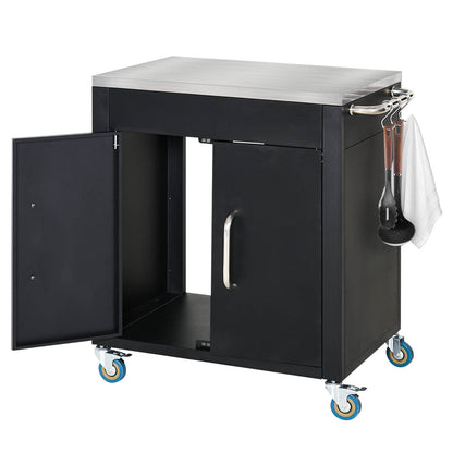 Kitchen Cart with Wheels, Serving Cart, Rolling Cart with Cabinet, Hooks, and Stainless Steel Handles, Kitchen Helper, BBQ Stainless Steel Grill Table Kitchen Trolley, 86 x 50 x 86.5 cm Black