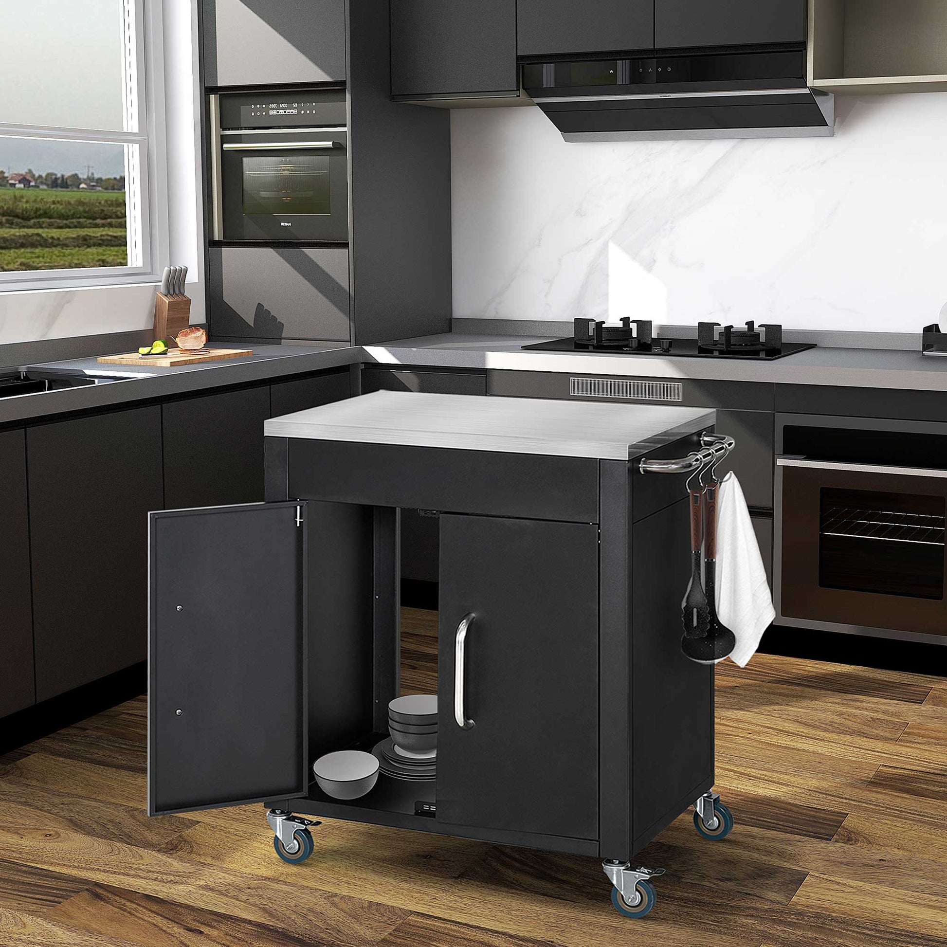 Kitchen Cart with Wheels, Serving Cart, Rolling Cart with Cabinet, Hooks, and Stainless Steel Handles, Kitchen Helper, BBQ Stainless Steel Grill Table Kitchen Trolley, 86 x 50 x 86.5 cm Black