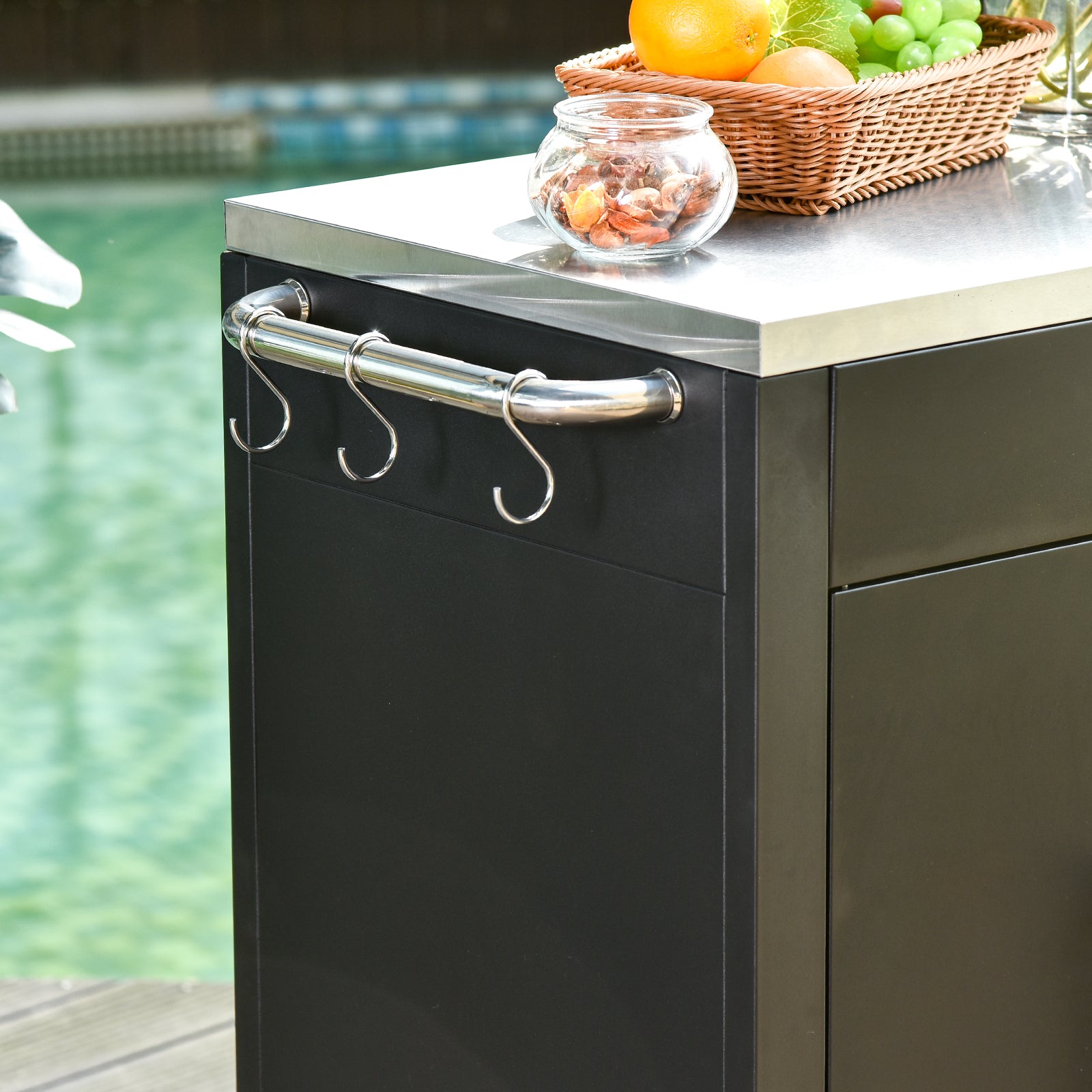 Kitchen Cart with Wheels, Serving Cart, Rolling Cart with Cabinet, Hooks, and Stainless Steel Handles, Kitchen Helper, BBQ Stainless Steel Grill Table Kitchen Trolley, 86 x 50 x 86.5 cm Black