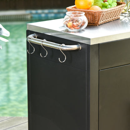 Kitchen Cart with Wheels, Serving Cart, Rolling Cart with Cabinet, Hooks, and Stainless Steel Handles, Kitchen Helper, BBQ Stainless Steel Grill Table Kitchen Trolley, 86 x 50 x 86.5 cm Black