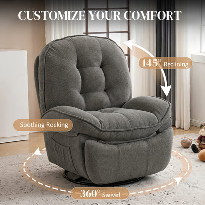 Relax Recliner, 360° Swivel & Rocking Chair, Manual Chenille Armchair with Wide Seat, High Back, Footrest & Side Pockets, Light Gray
