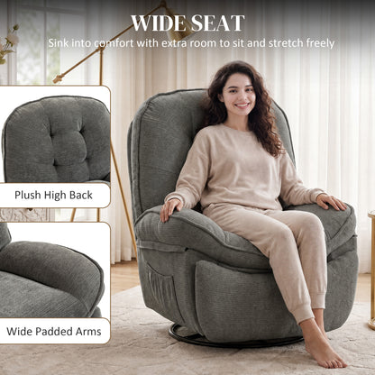 Relax Recliner, 360° Swivel & Rocking Chair, Manual Chenille Armchair with Wide Seat, High Back, Footrest & Side Pockets, Light Gray