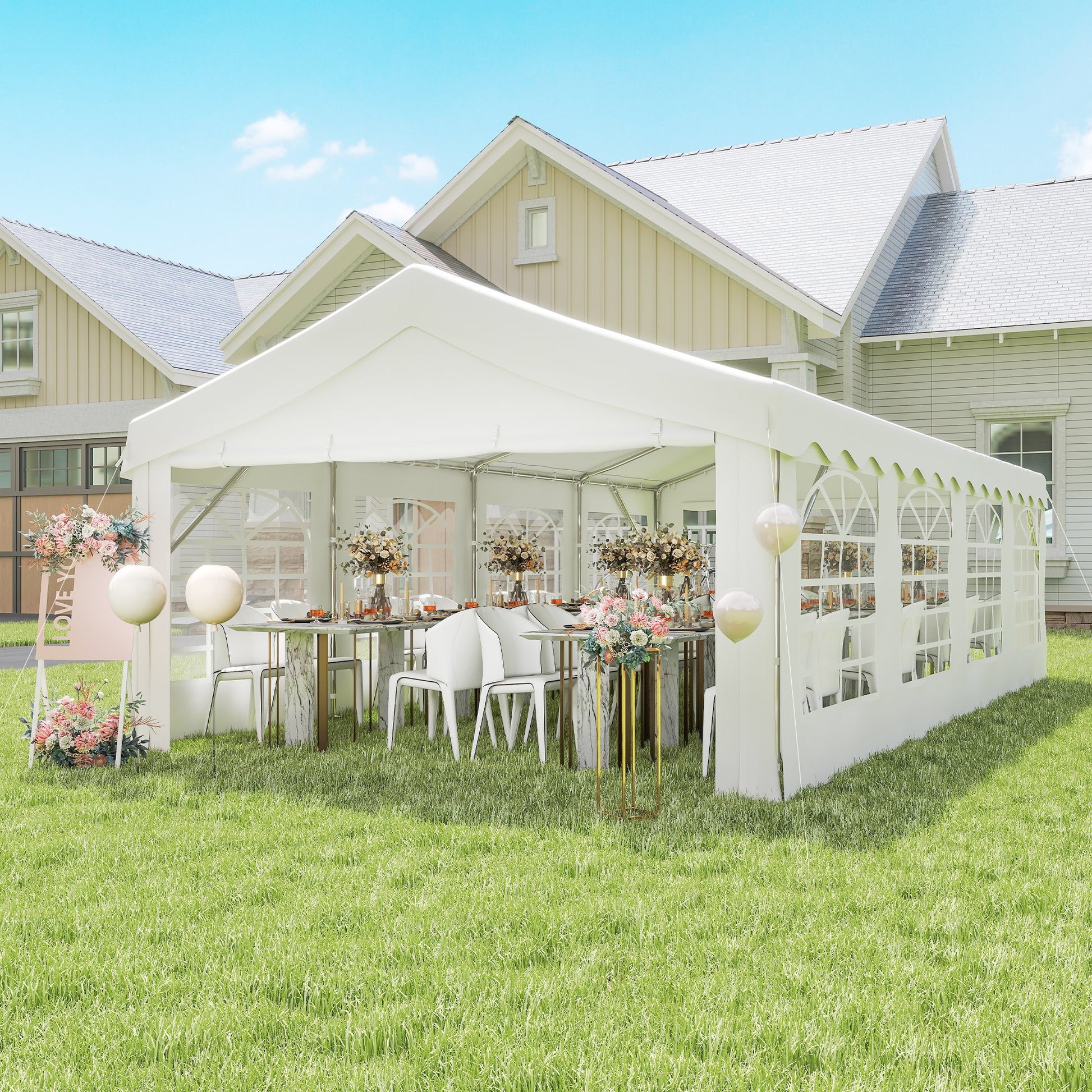 Party Tent 8x4 m Garden Gazebo with 4 Side Panels and 8 Anti-UV Windows Pavilion Pergola Carport Gazebo for Events Weddings White