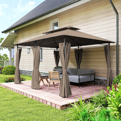 Outdoor Gazebo 13' x 9.8' (4 x 3 m) — Double-Vent Roof, 6 Metal Posts, 12 Drainage Outlets — Khaki