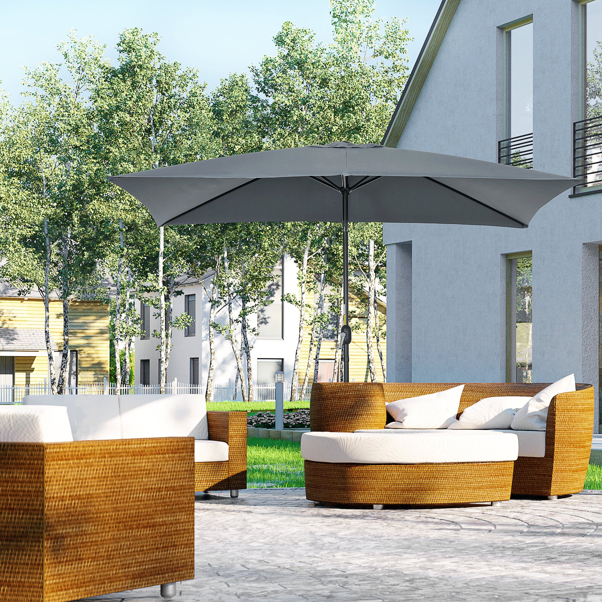 Aluminum Umbrella 200x300x253 cm Rectangular Garden Parasol with Crank and Detachable Anti-UV Pole for Terrace Poolside Outdoor Patio, Gray