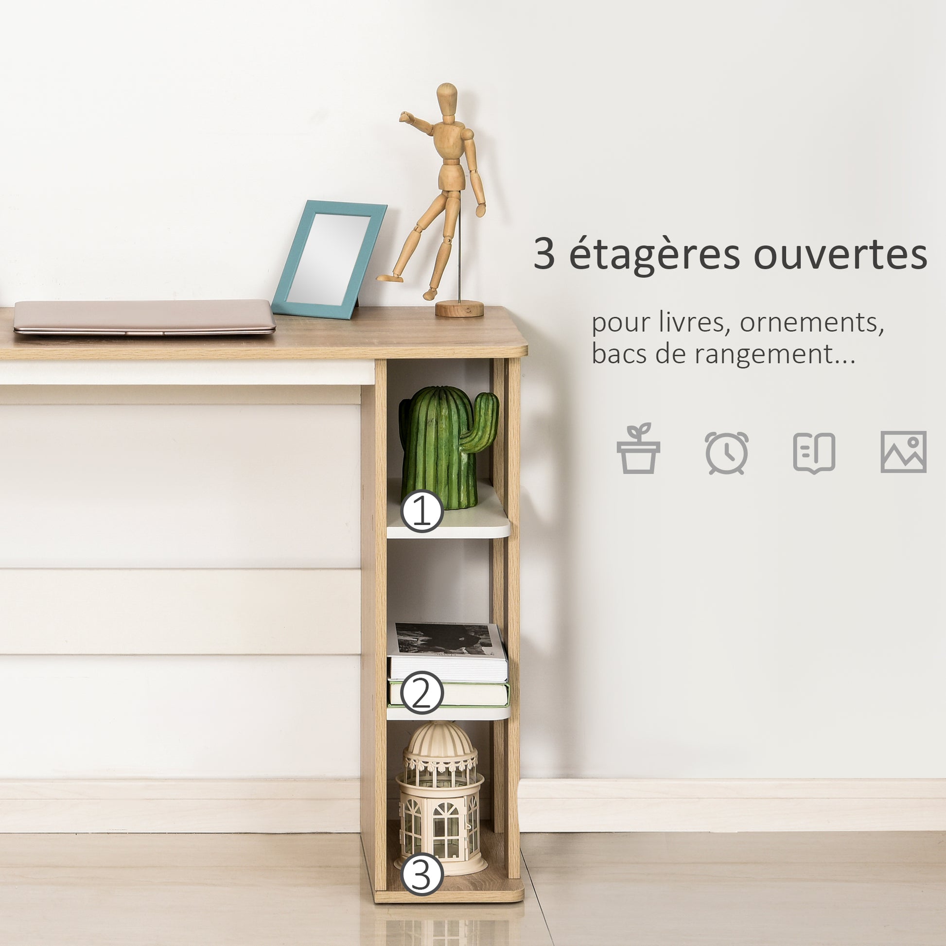 Computer Desk Computer Table dim. 100L x 44W x 74H cm 3 Side Shelves Wooden Light Oak White