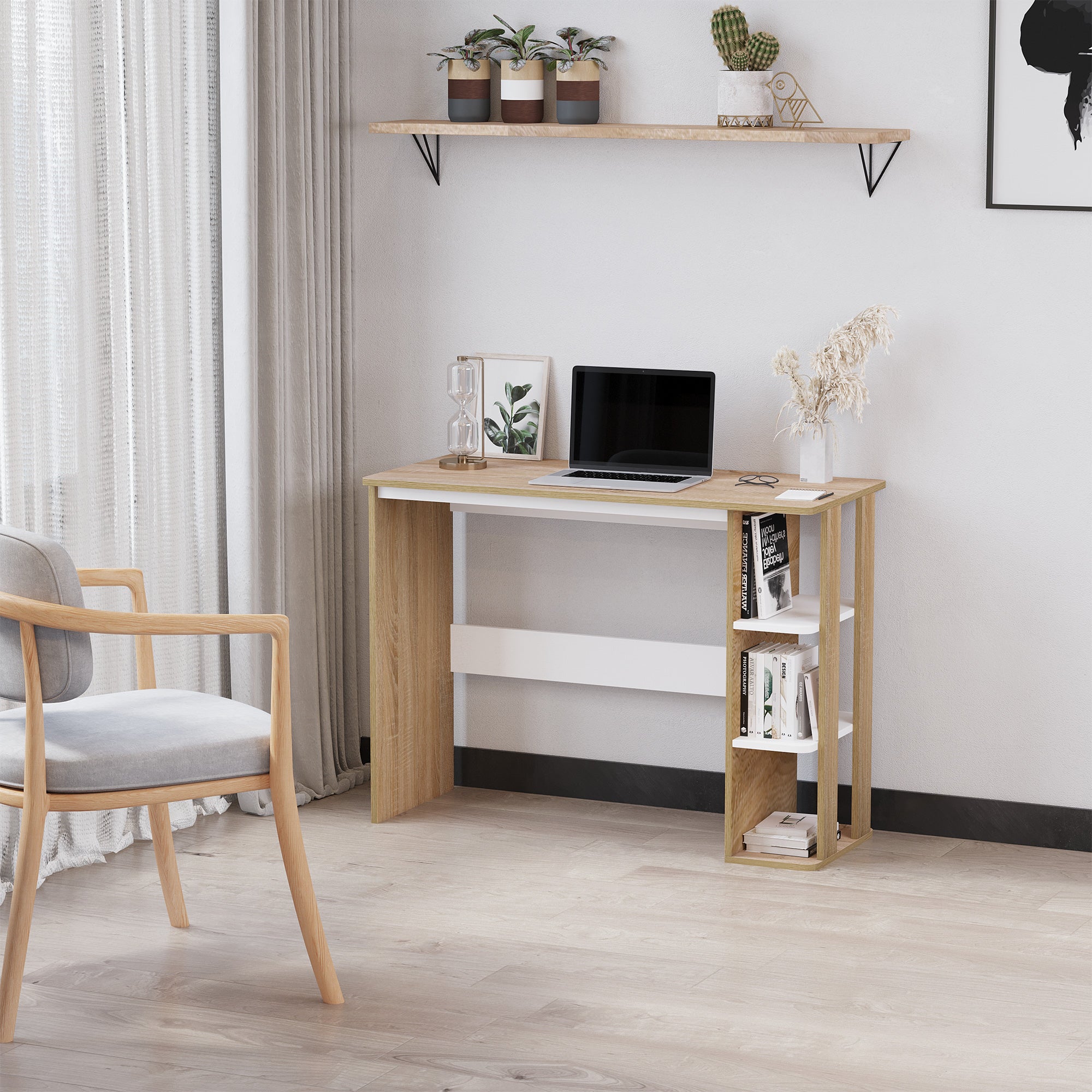 Computer Desk Computer Table dim. 100L x 44W x 74H cm 3 Side Shelves Wooden Light Oak White