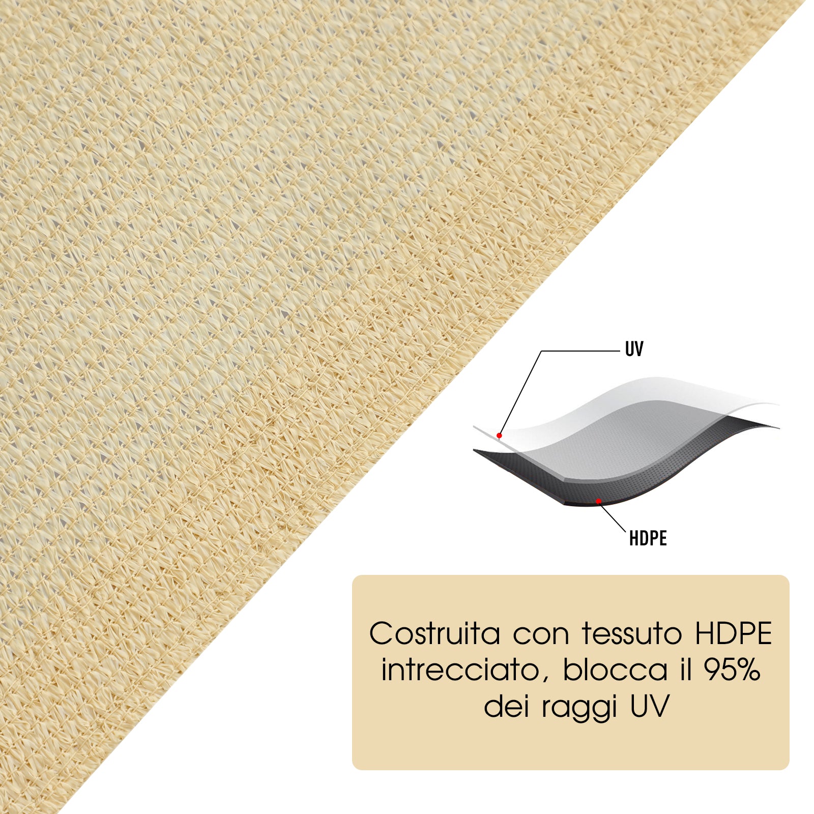Square Sun Shade Sail for Outdoor in Breathable HDPE, UV Protection 95%, 360x360 cm