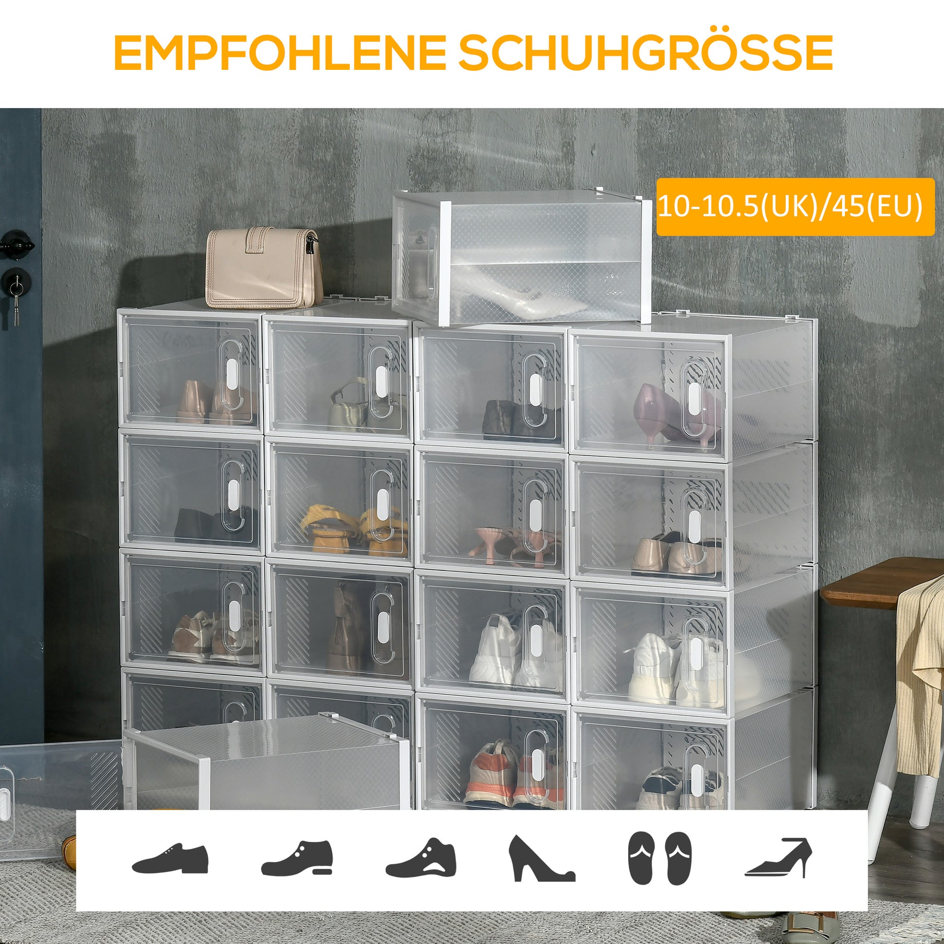 18-Piece Shoe Box Set, Shoe Organizer with Magnetic Doors, Shoe Box with Lid, Plastic Shoe Storage for Shoes up to Size 45, Transparent+White