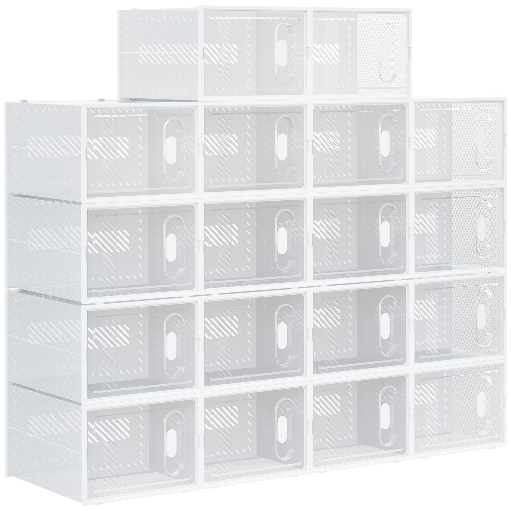 18-Piece Shoe Box Set, Shoe Organizer with Magnetic Doors, Shoe Box with Lid, Plastic Shoe Storage for Shoes up to Size 45, Transparent+White