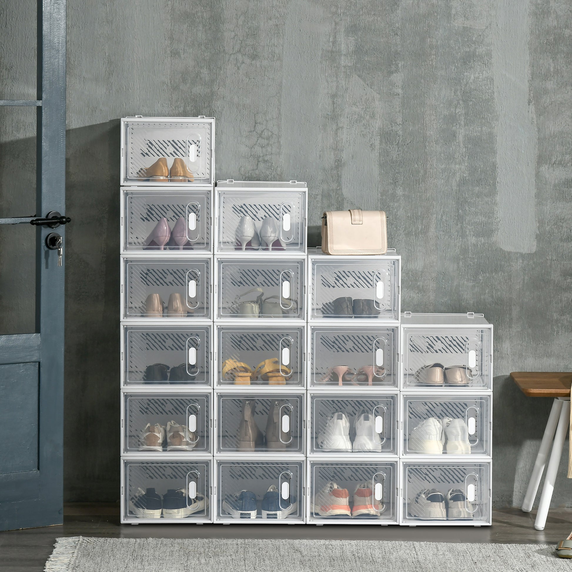18-Piece Shoe Box Set, Shoe Organizer with Magnetic Doors, Shoe Box with Lid, Plastic Shoe Storage for Shoes up to Size 45, Transparent+White