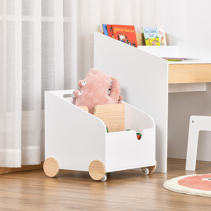Wooden Toy Storage Box with 2 Sections, Wheels, Hollow Handle Children's Bookshelf with Wheels for Kids Room 40x43x43 cm White and Natural