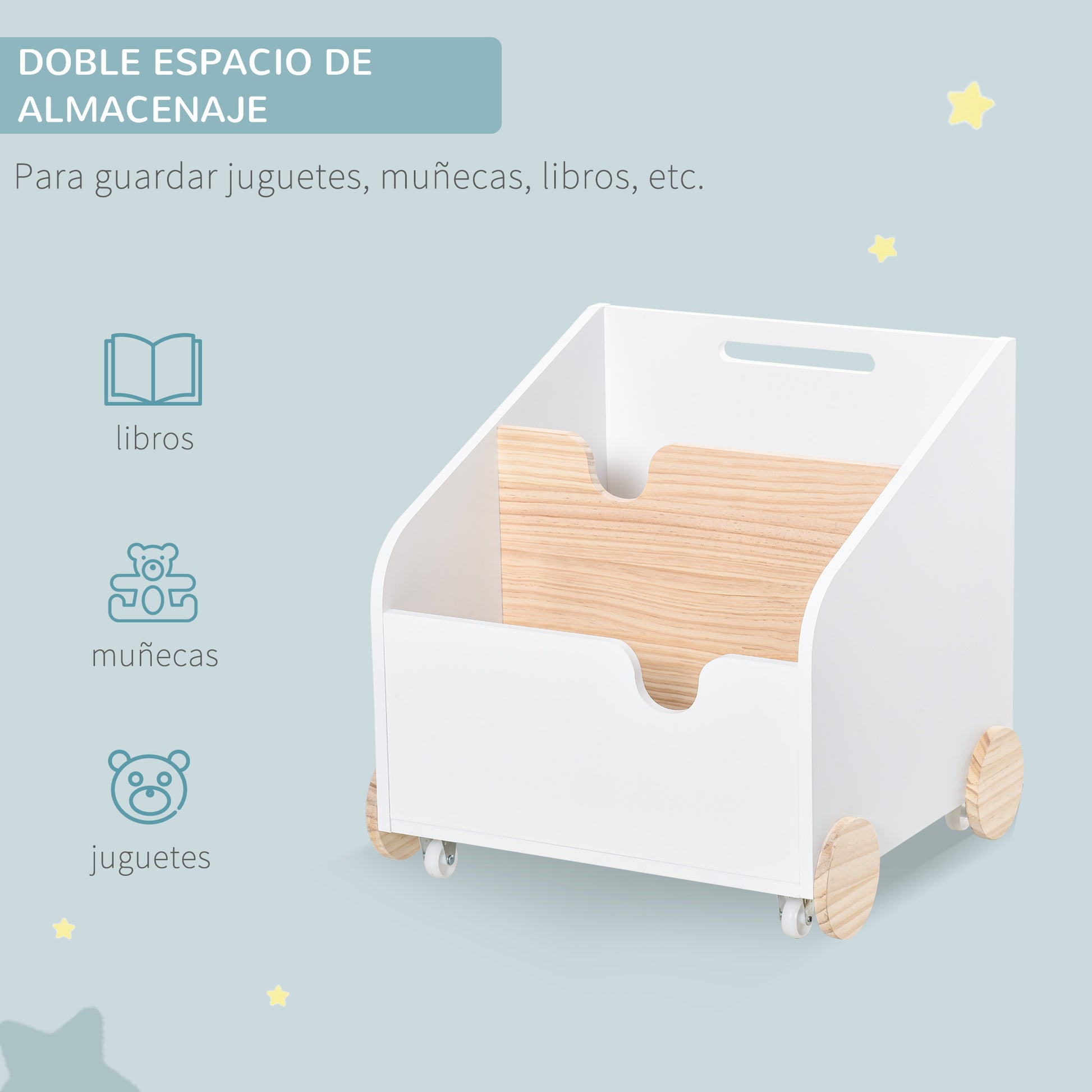 Wooden Toy Storage Box with 2 Sections, Wheels, Hollow Handle Children's Bookshelf with Wheels for Kids Room 40x43x43 cm White and Natural