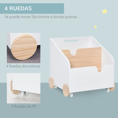 Wooden Toy Storage Box with 2 Sections, Wheels, Hollow Handle Children's Bookshelf with Wheels for Kids Room 40x43x43 cm White and Natural