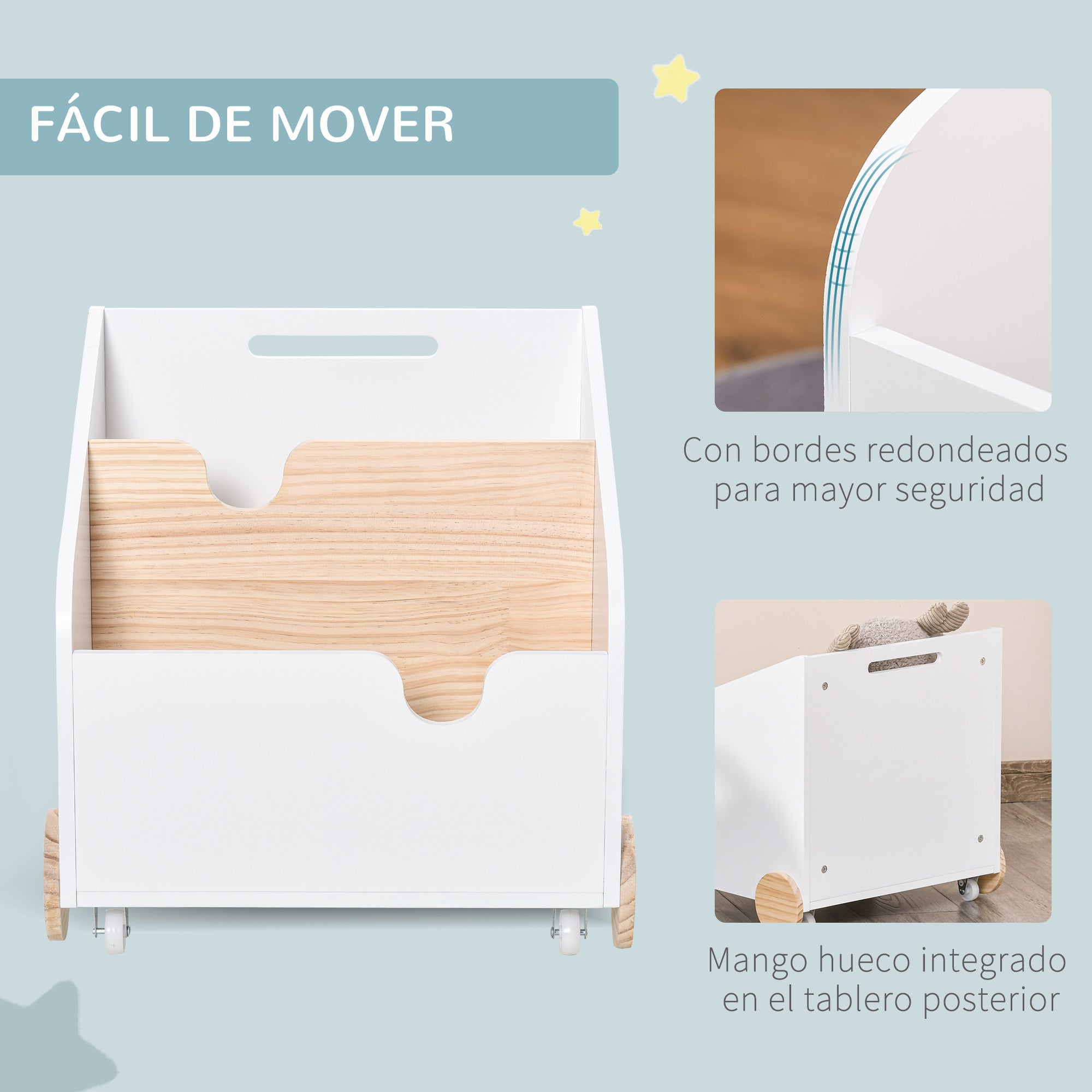 Wooden Toy Storage Box with 2 Sections, Wheels, Hollow Handle Children's Bookshelf with Wheels for Kids Room 40x43x43 cm White and Natural