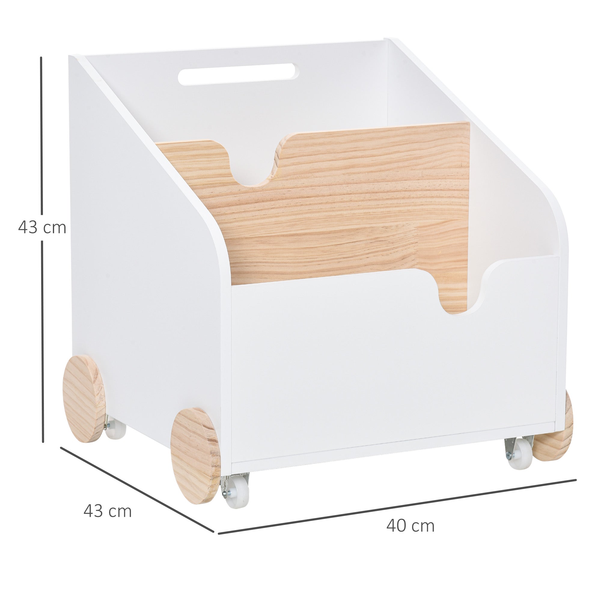 Wooden Toy Storage Box with 2 Sections, Wheels, Hollow Handle Children's Bookshelf with Wheels for Kids Room 40x43x43 cm White and Natural