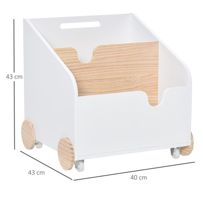 Wooden Toy Storage Box with 2 Sections, Wheels, Hollow Handle Children's Bookshelf with Wheels for Kids Room 40x43x43 cm White and Natural