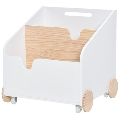 Wooden Toy Storage Box with 2 Sections, Wheels, Hollow Handle Children's Bookshelf with Wheels for Kids Room 40x43x43 cm White and Natural